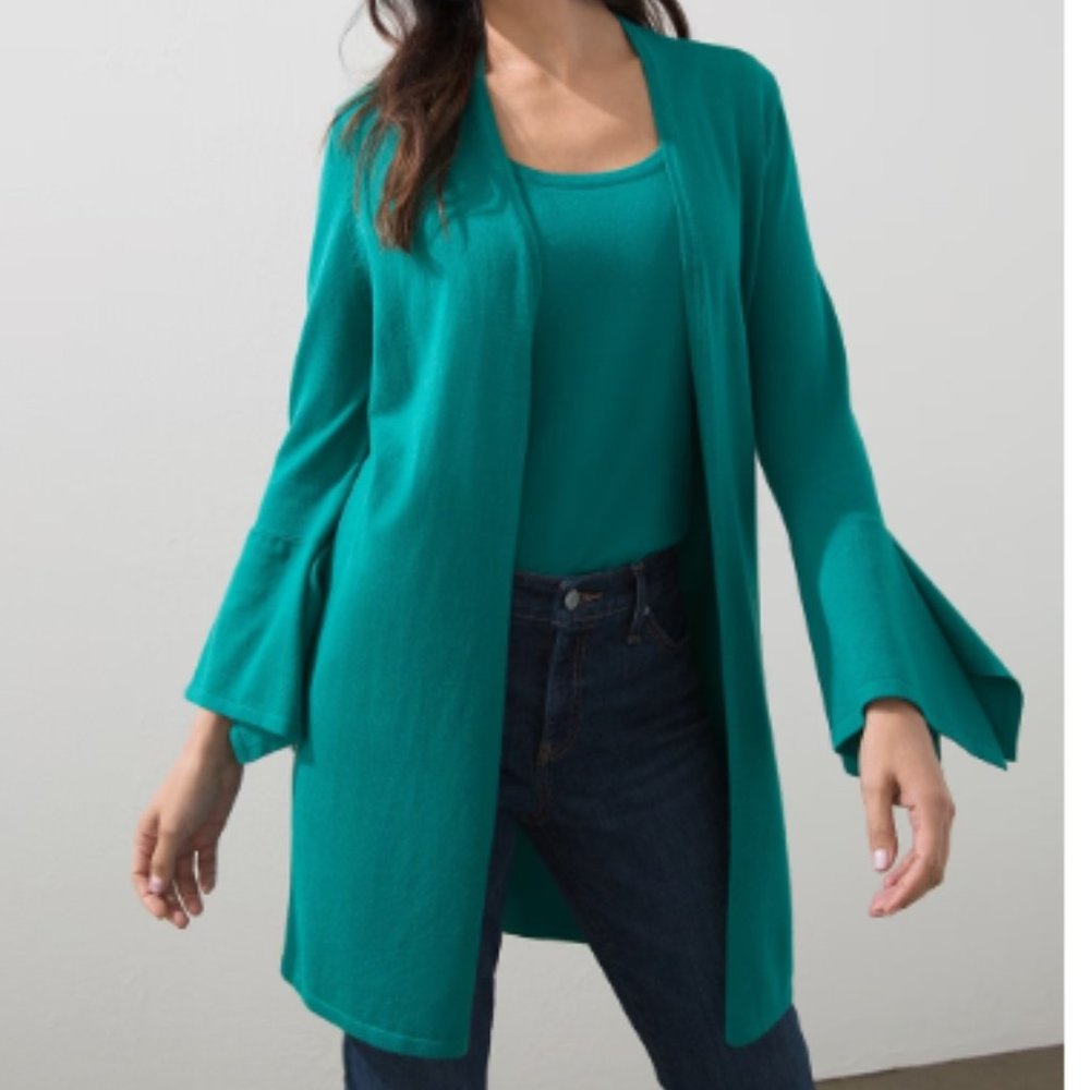 NWT Chico's Cardigan Sweater Bell Sleeve Knit Long Line Boho Kelly Green Medium